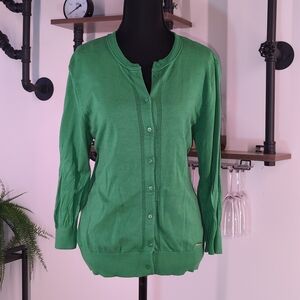 Ellen Tracy Women's Size L Kelly Green Crewneck Cardigan Sweater Knit Button